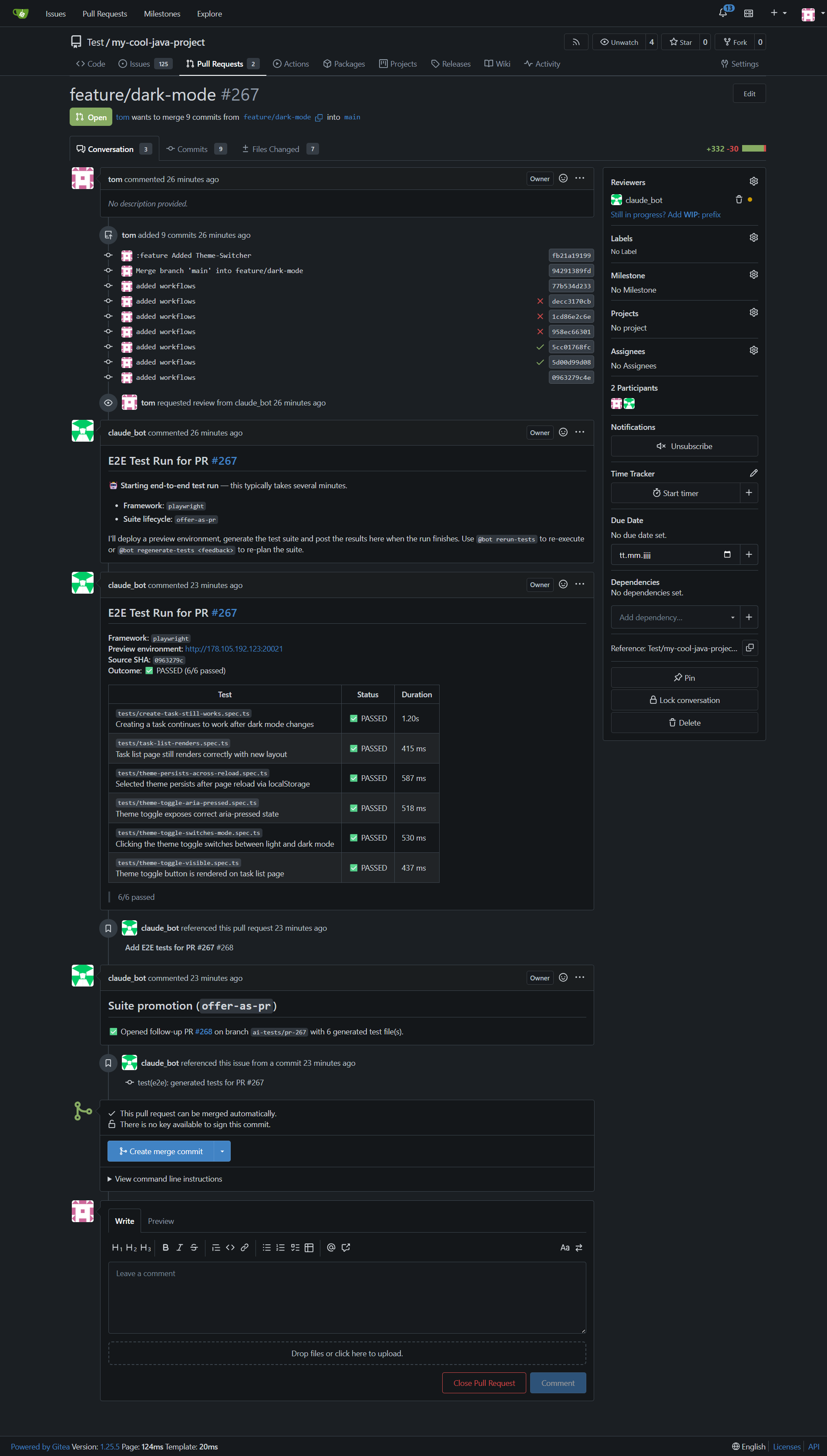PR with a Playwright report posted by the bot